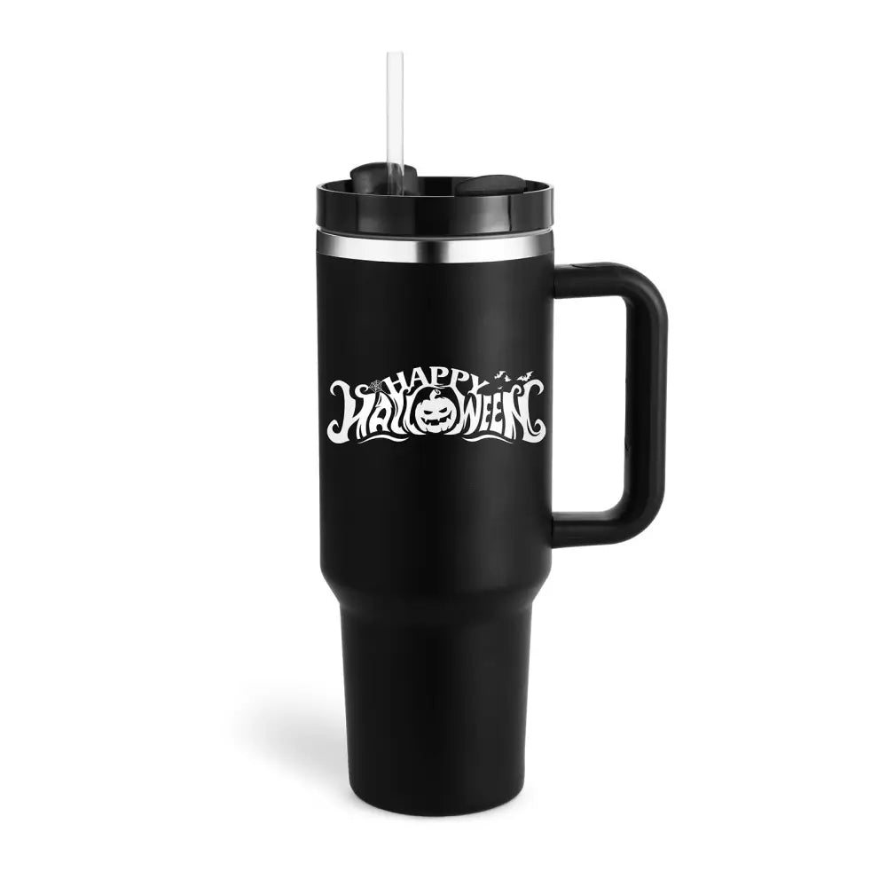 Black insulated tumbler with steel handle straw and happy halloween design in white script for pink kiss collection