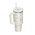 Cream-colored insulated tumbler with silver leopard print, white lid, and steel handle straw from Pink Kiss collection
