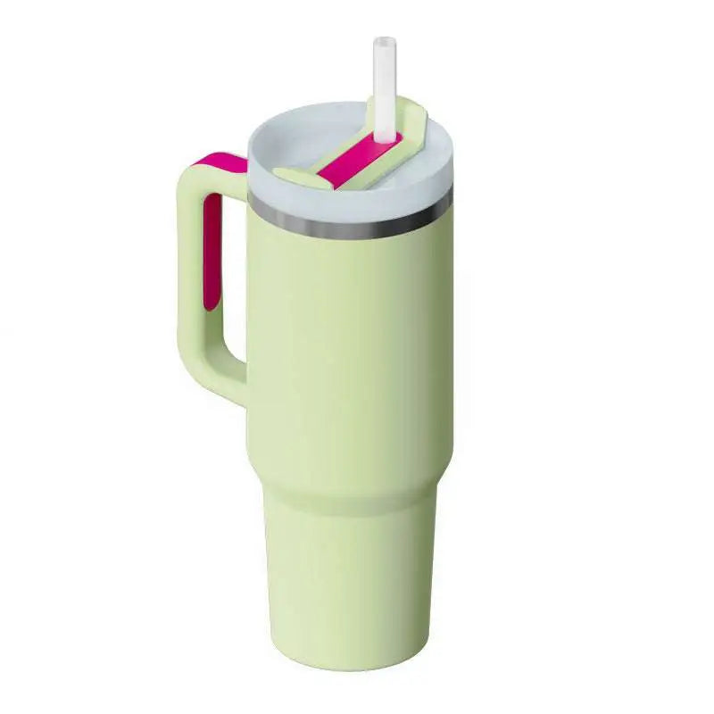 Light green insulated tumbler with steel handle straw white lid pink kiss accents pink kiss stainless steel handle straw