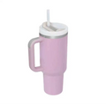 Pink kiss insulated tumbler with white lid silver rim and integrated steel handle straw for durable use