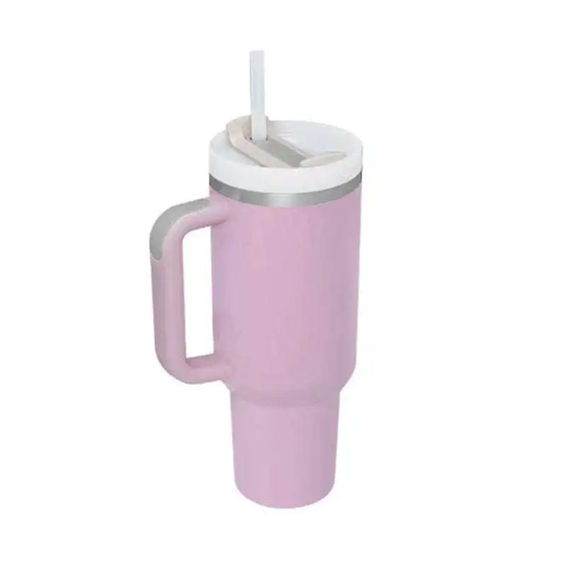 Pink kiss insulated tumbler with white lid silver rim and integrated steel handle straw for durable use