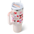 Pastel pink kiss insulated tumbler with steel handle straw heart pattern and happy text for travel use