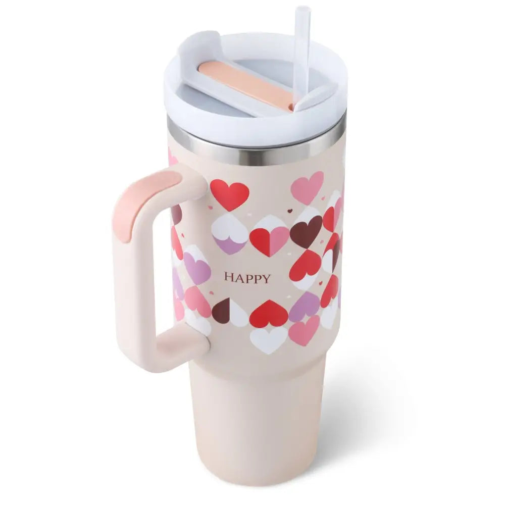 Pastel pink kiss insulated tumbler with steel handle straw heart pattern and happy text for travel use
