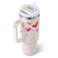 White insulated tumbler with steel handle straw featuring pink kiss watercolor hearts for stylish hydration