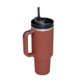 Terracotta insulated tumbler with black lid silver rim and steel handle straw from pink kiss collection