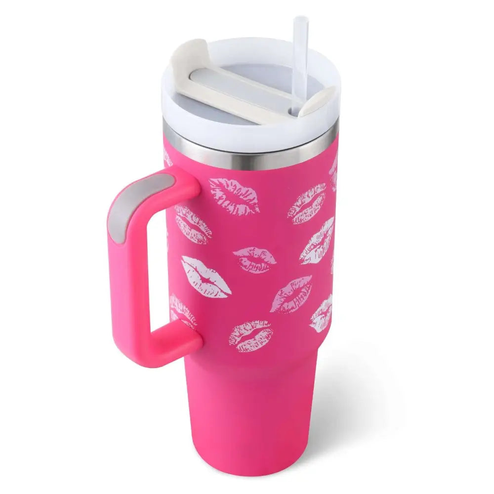 Pink kiss insulated tumbler with stainless steel handle straw grip and white kiss print design on pink body