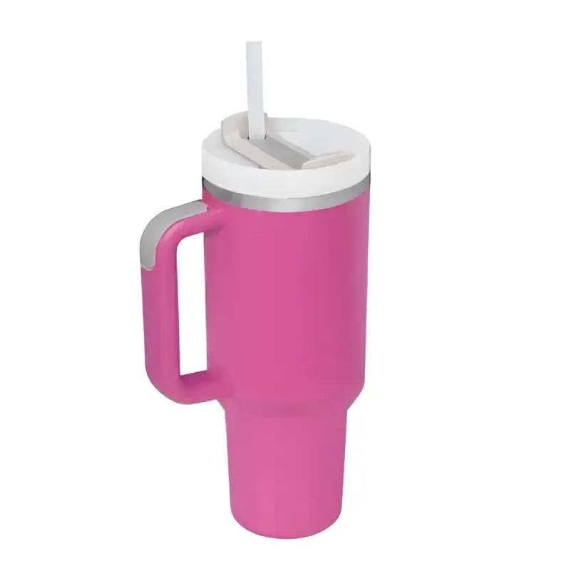 Pink kiss insulated tumbler with white lid steel handle straw and sturdy handle for easy carrying