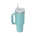 Teal pink kiss insulated tumbler with steel handle straw, white lid, and metallic rim for durable use