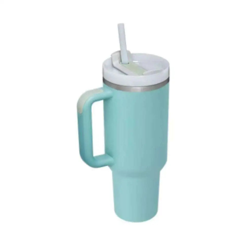 Teal pink kiss insulated tumbler with steel handle straw, white lid, and metallic rim for durable use