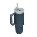 Dark teal insulated tumbler with gray lid silver rim and integrated steel handle straw from pink kiss collection