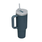 Dark teal insulated tumbler with gray lid silver rim and integrated steel handle straw from pink kiss collection