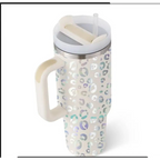 A tall cream-colored pink kiss insulated tumbler with steel handle straw featuring a shimmering leopard print pattern