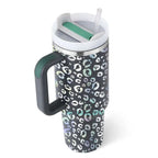 Black insulated tumbler with leopard print pink kiss design, stainless steel handle straw, and clear lid for travel use