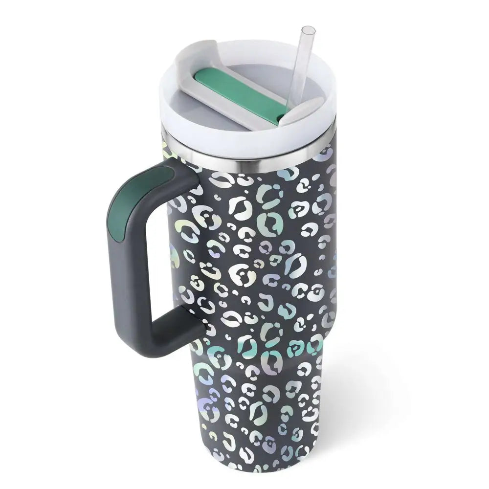 Black insulated tumbler with leopard print pink kiss design, stainless steel handle straw, and clear lid for travel use