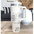 White insulated tumbler pink kiss with black sunflower pattern steel handle straw and silver lid for insulation