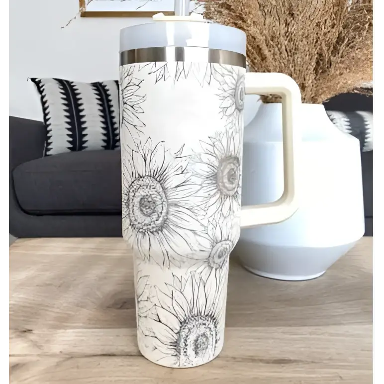 White insulated tumbler pink kiss with black sunflower pattern steel handle straw and silver lid for insulation