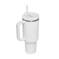 White insulated tumbler with pink kiss steel handle straw lid and silver rim accent for travel use