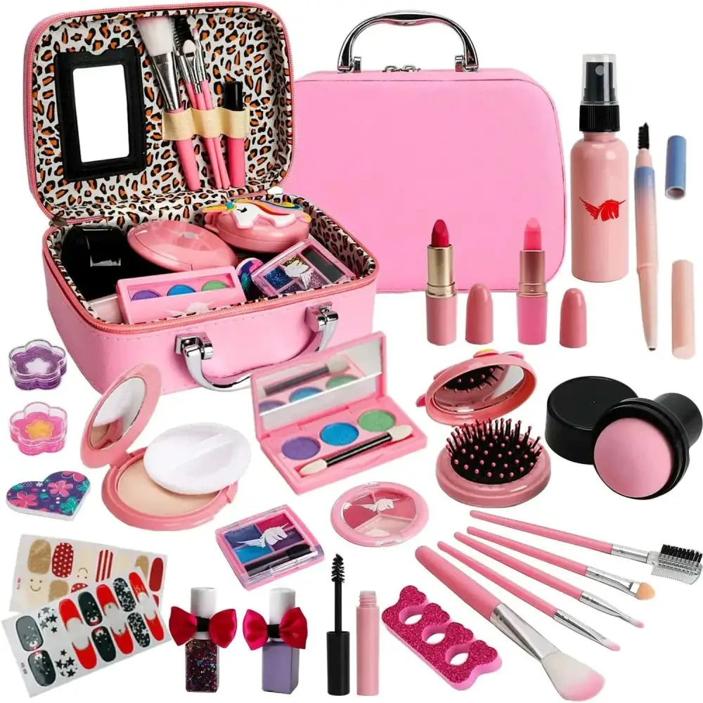 Pink kids makeup kit with leopard-print interior and silver hardware designed as makeup toys for girls