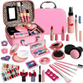 Pink kids makeup kit with leopard-print interior and silver hardware designed as makeup toys for girls