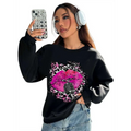 Black oversized crew neck sweatshirt with bold pink lips and leopard print vintage microphone graphic design