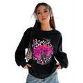 Black long-sleeved oversized crew neck sweatshirt featuring pink lips and vintage microphone on leopard print background
