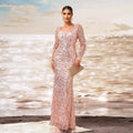 A shimmering pink long sleeve sequined sheath fishtail evening dress with floor-length and square neckline