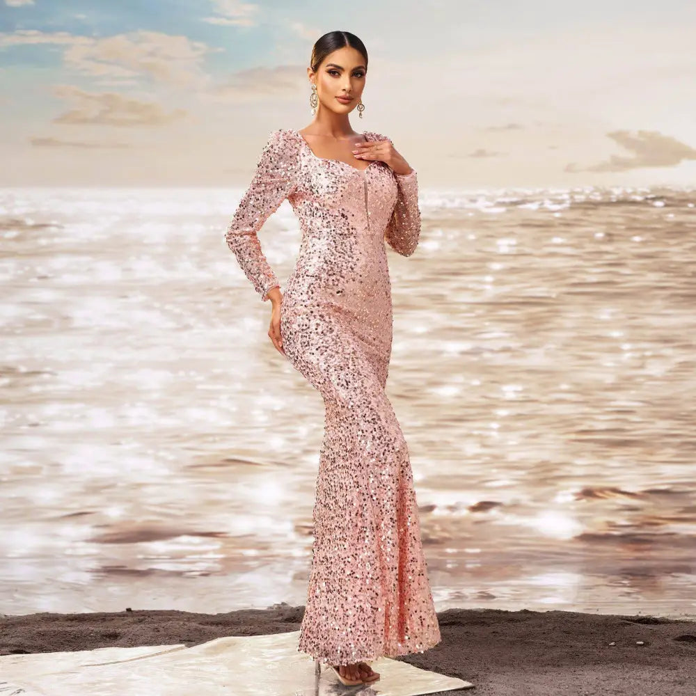 Pink long sleeve sequined sheath fishtail evening dress with shimmering sequins and fitted silhouette