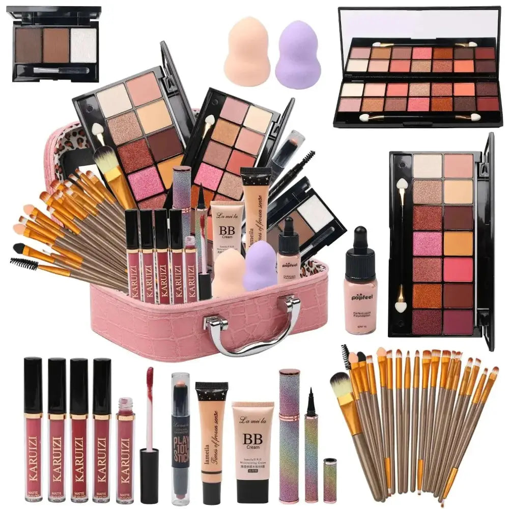 Pink crocodile-textured makeup storage bag with silver handle and leopard-print interior for eyeshadow palette color effect