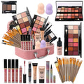 Pink crocodile-textured makeup storage bag with silver handle and leopard-print interior for eyeshadow palette color effect