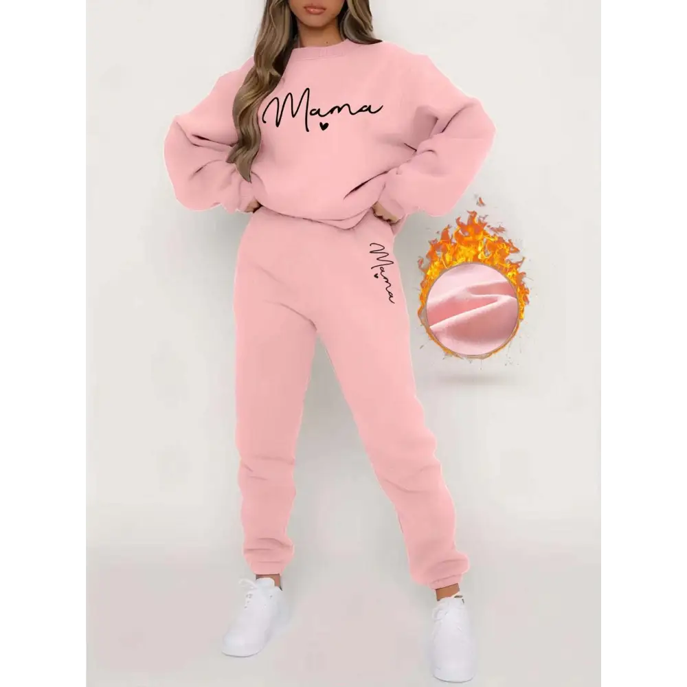 Pink mama long sleeve printed fleece jogger set with black cursive lettering for casual wear