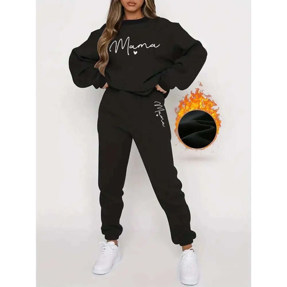 Black mama long sleeve printed fleece jogger set with white cursive lettering and cozy fleece lining for casual wear