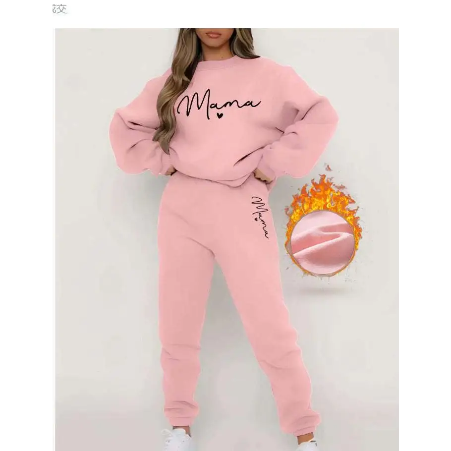 Pink mama long sleeve printed fleece jogger set with wordmark sweatshirt and matching casual long sleeve pants
