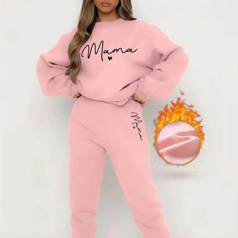 Pink mama long sleeve printed fleece jogger set with wordmark sweatshirt and matching casual long sleeve pants