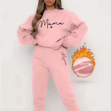 Pink mama long sleeve printed fleece jogger set with wordmark sweatshirt and matching casual long sleeve pants