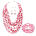 Pink multi strand pearl jewelry set featuring necklace, matching earrings, and bracelet in costume jewelry set design
