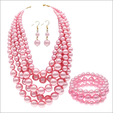Pink multi strand pearl jewelry set with matching earrings and bracelet elegant costume jewelry set