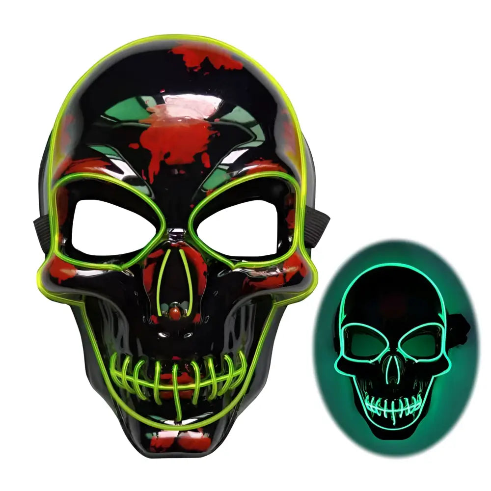 Glowing black halloween skeleton mask with neon green led glow outlines and red splatter accents for halloween use