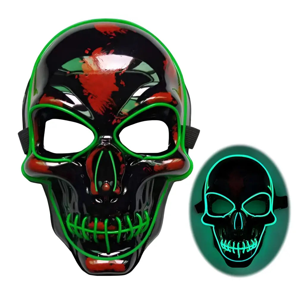 Glowing green led halloween skeleton mask with black glossy finish and red splatter accents mask led glow neon halloween skeleton