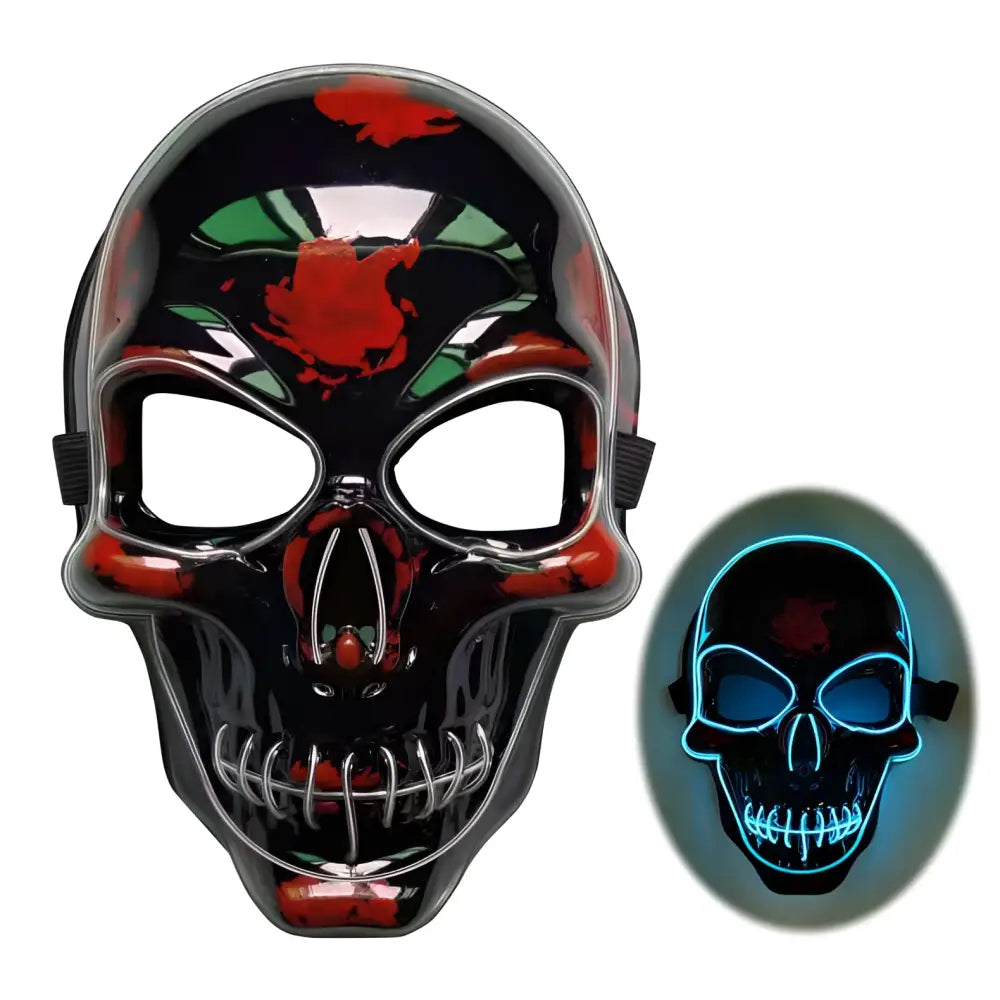 Glowing black halloween skeleton mask with red green splatter and neon blue led lights for mask led glow effect