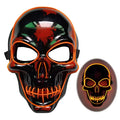 Glowing orange halloween skeleton mask led glow with black glossy plastic and red green splatter neon halloween skeleton