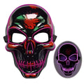 Pink neon halloween skeleton mask with black glossy plastic base and vibrant led glow outlining facial features
