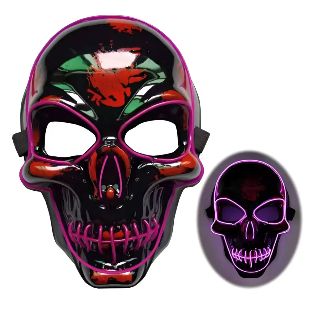Pink neon halloween skeleton mask with black glossy plastic base and vibrant led glow outlining facial features
