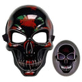 Glossy black halloween skeleton mask with red and green paint splatter and led glow outlining eyes nose and teeth