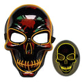 Glowing black halloween skeleton mask with yellow neon led glow outlines and red splatter details for halloween use