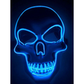 A glowing blue led halloween skeleton mask with neon outlines highlighting eye sockets nose cavity and teeth