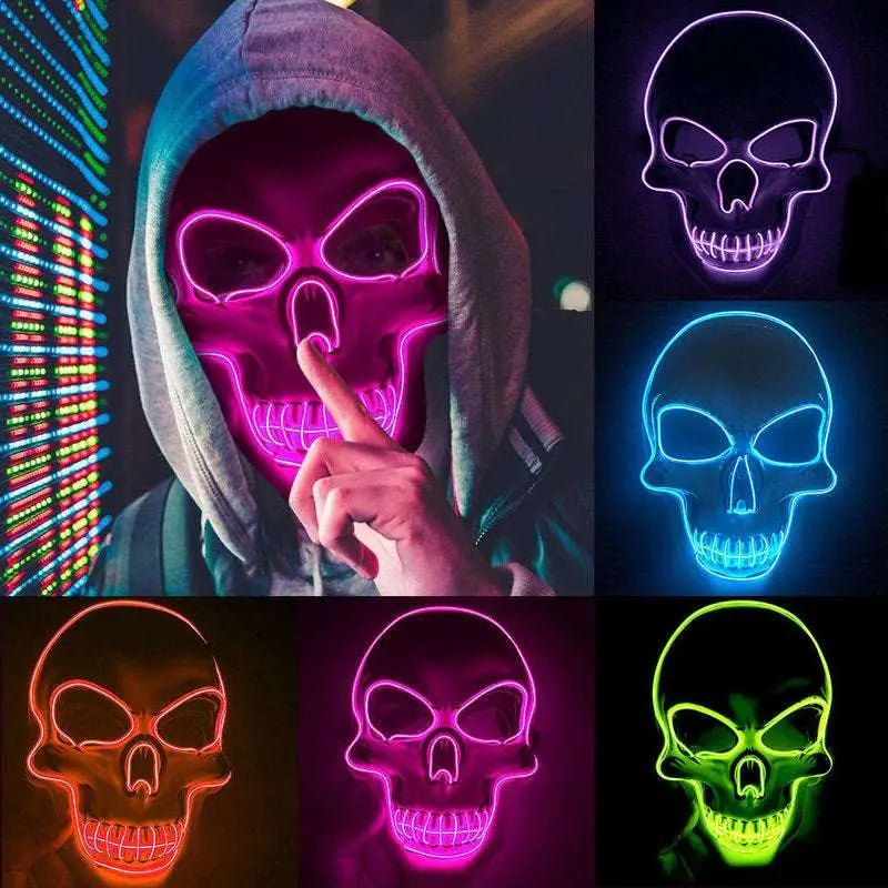 A pink neon halloween skeleton mask with a flexible led glow outline for halloween and costume use