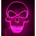 A pink neon halloween skeleton mask with led glow features a glossy black finish and detailed wireframe design