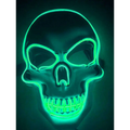 A glowing green led halloween skeleton mask with neon outlines highlighting eye sockets nose cavity and teeth