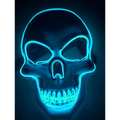 A glowing blue neon halloween skeleton mask with led glow edges and illuminated teeth for halloween use
