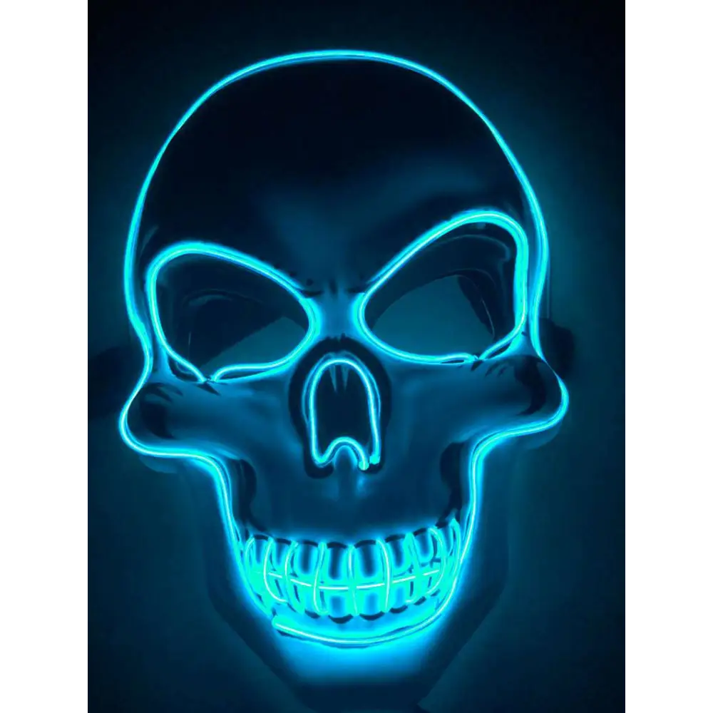 A glowing blue neon halloween skeleton mask with led glow edges and illuminated teeth for halloween use